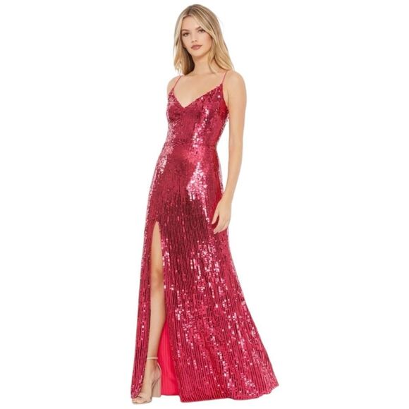 Mac Duggal Dress 8 Red Sequin Spaghetti Strap Slip Gown 10737 Red Carpet Sexy - Picture 13 of 13